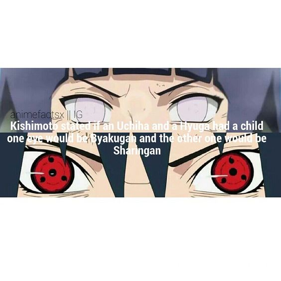Kishimoto stated if an Uchiha and a Hyuuga had a child, one eye would be Byakugan and the other would be Sharingan. I'VE ALWAYS BEEN WONDERING WHAT HINATA AND SASUKE'S EYES WOULD LOOK LIKE (if they had one)!  That would be terrifying
