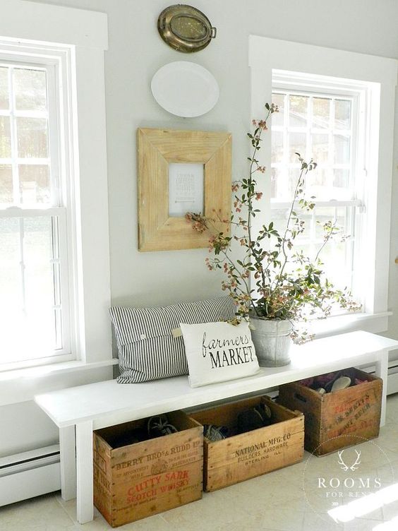 kitchen bench, vintage crates, and wall decor