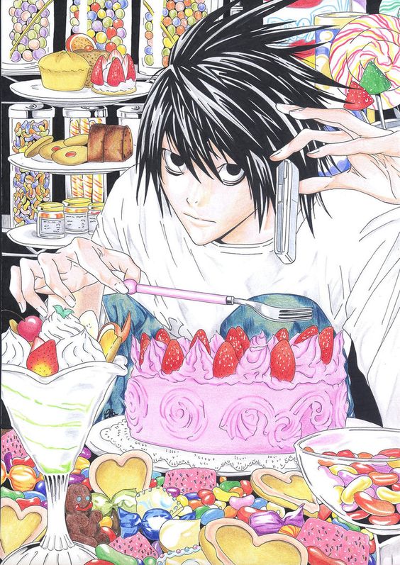 L from Death Note with his sweets addiction.