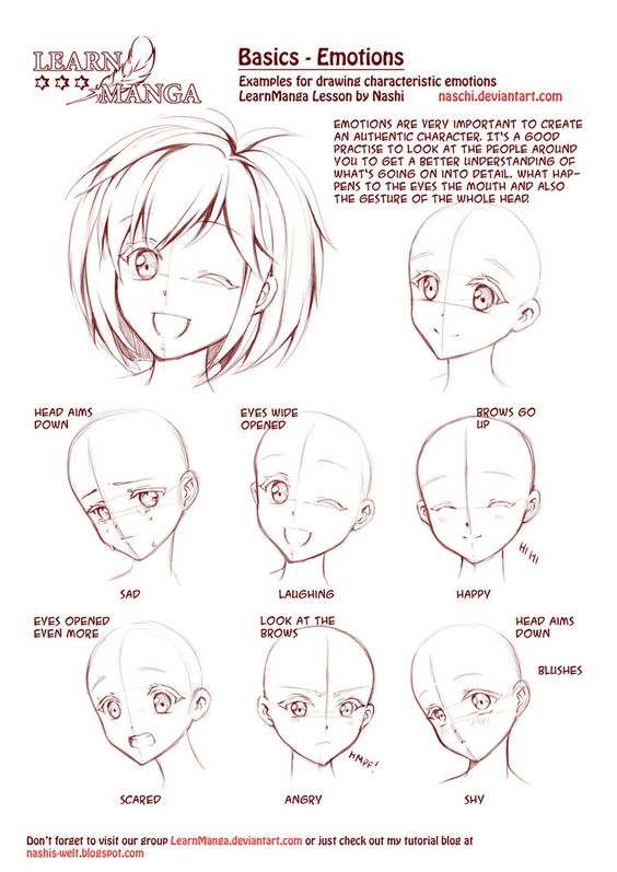 Learn Manga: Emotions by *Naschi on deviantART, how to draw manga face, girl face, cute kawaii drawing tutorial , how to manga draw eyes , expressions, manga, anime, tutorial