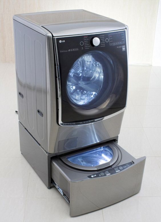 LG's latest washing machine uses a Twin Wash system to clean two loads simultaneously. The machine has a main washer above a smaller washer in the pedestal beneath (pictured). LG said the the mini washer is perfect for items that need specific settings, and it can also be fitted to any of LG's front loading machines