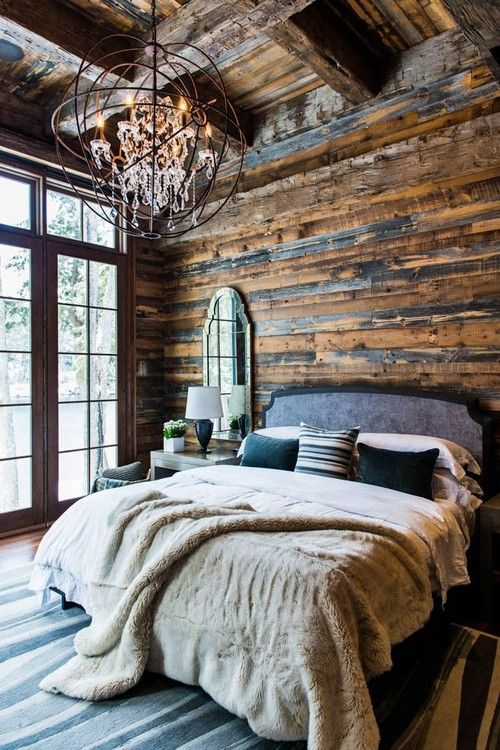 Log cabin bedroom interior 