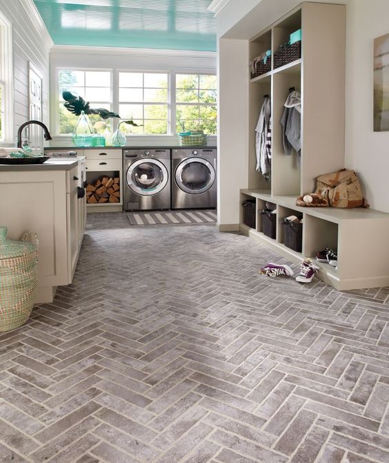 Material we’re loving: Brick-look tile. It’s so much more achievable to add this rustic look to a mudroom, bathroom, kitchen… anywhere. Think beyond the floor - this tile is also great on the wall.