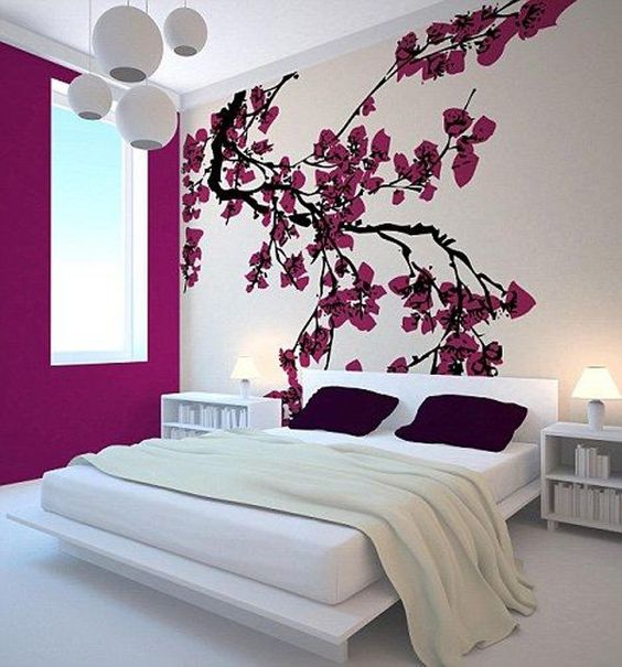 modern Japanese bedroom with cherry blossom wall decor - 45  Beautiful Wall Decals Ideas  ♥ ♥