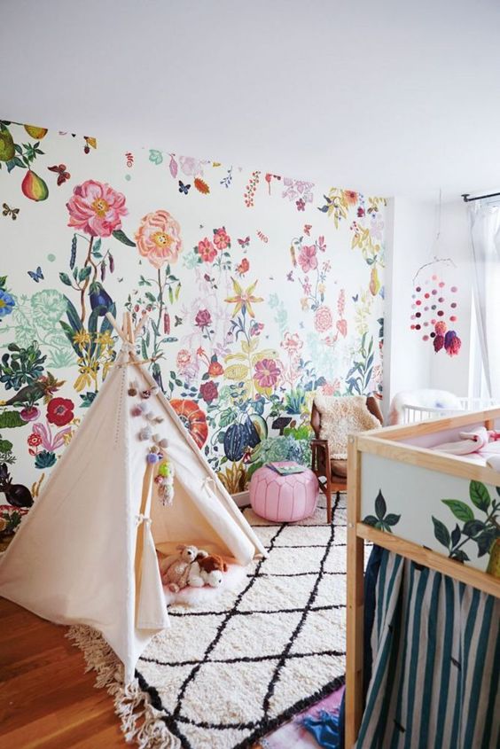 Moroccan rugs and sheepskins add warmth and texture, and a teepee makes for fantastically fun play dates.