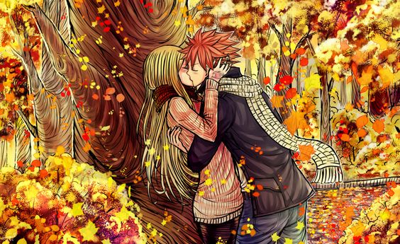 OMG I love this artwork! The Autumn colors are beautiful!! ~ Natsu and Lucy kissing in the middle of a forest, how adorables ♥ ~ Nalu ~ Fairy Tail ~ Gorgeous Artwork By: LeonS