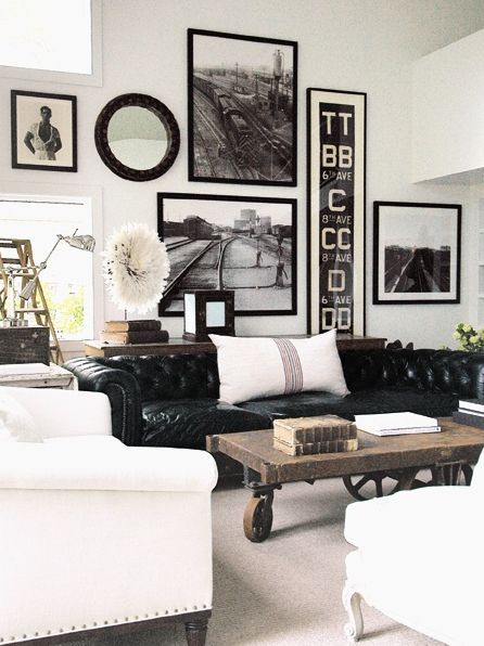 One of many living room favorites. Black, white color scheme with wood. Love love the couch. Chesterfield. .. fleaingfrance