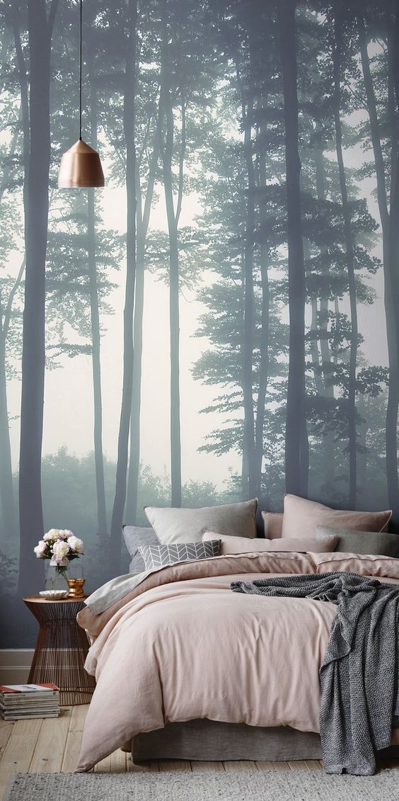 One of our most popular forest murals. Sea of Trees Forest Mural is super dreamy and makes a truly enchanting bedroom feature wall.