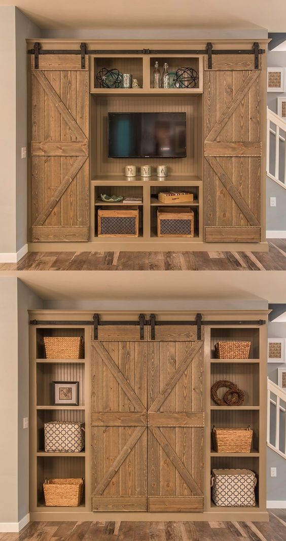 Open the barn doors for an entertainment center and close them for a book shelf - genius! #cottage #rustic