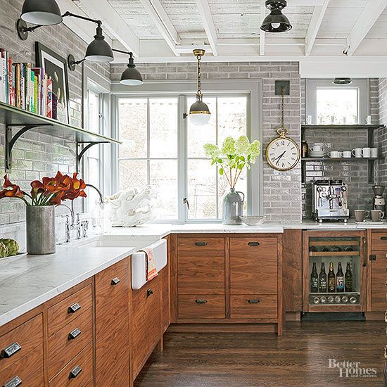 Personalize your kitchen with a mix of materials that gives this new kitchen a built-over-time appearance.