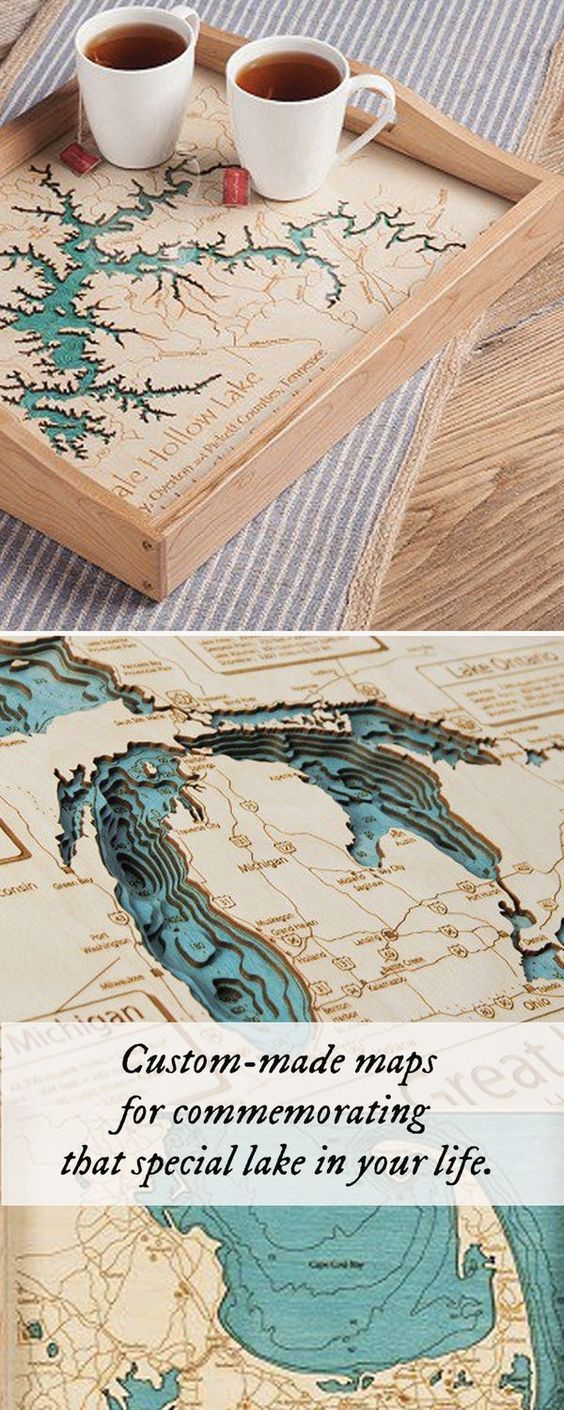 Personalized wooden lake maps.