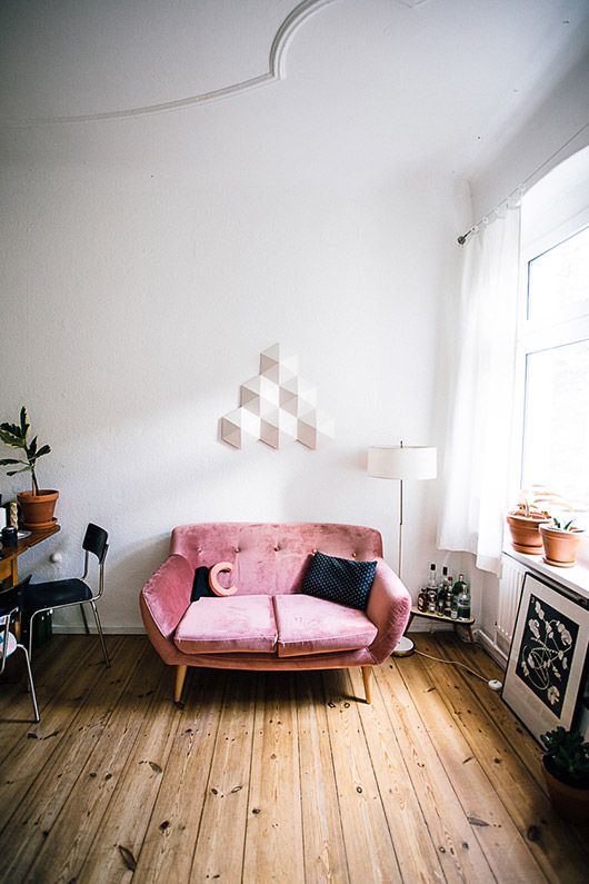pink sofa with white wall decor via hertz & blat / sfgirlbybay