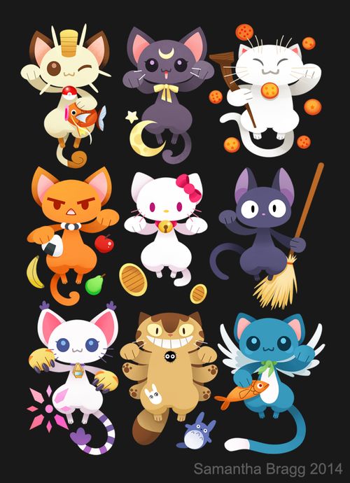 pokemon cats hello kitty meowth dragon ball Z gatomon cat bus maneki neko Jiji the cat master korin