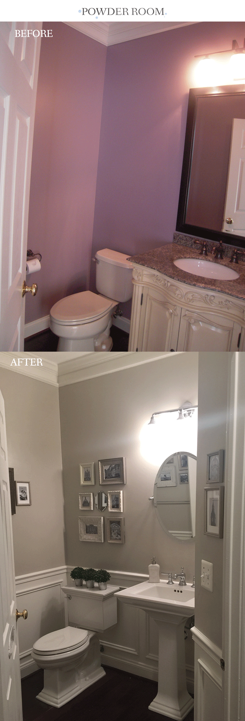 Powder room before and after wainscoting and makeover. The gray paint is Benjamin Moore Revere Pewter.