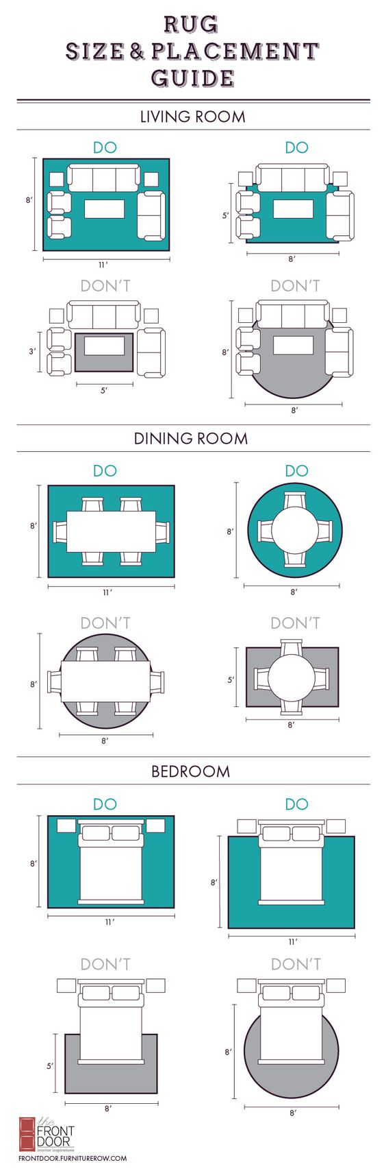 PRINTABLE Area rug size and placement guide on the Front Door blog.
