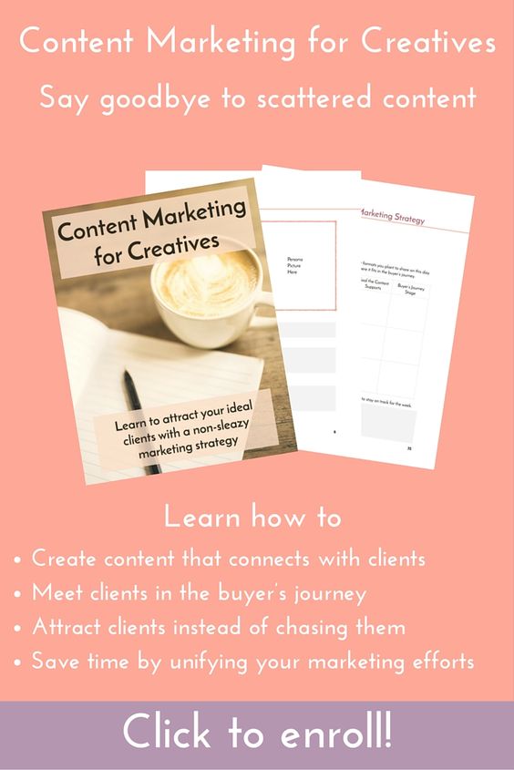 Ready to learn how to create a killer content marketing strategy? Want to start attracting your dream clients instead of chasing them? Join Content Marketing for Creatives! We'll cover creating personas, defining your content marketing goals, creating purposeful content, making landing pages that convert, and more! Click through to enroll!