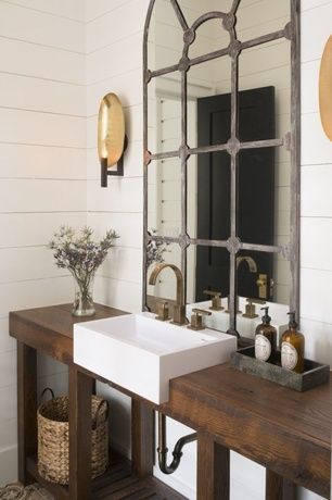 Rustic Powder Room with Ronbow Rectangle Ceramic Vessel Bathroom Sink in White, Wall sconce, Powder room, Farmhouse sink