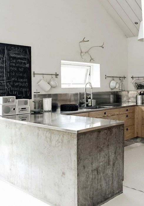 rustic wood kitchen - white floors - no uppers - chalkboard - stainless steel counter