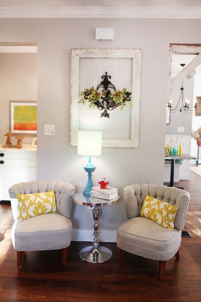 sitting area, like the rustic beams and frame The Magnolia Mom - Joanna Gaines