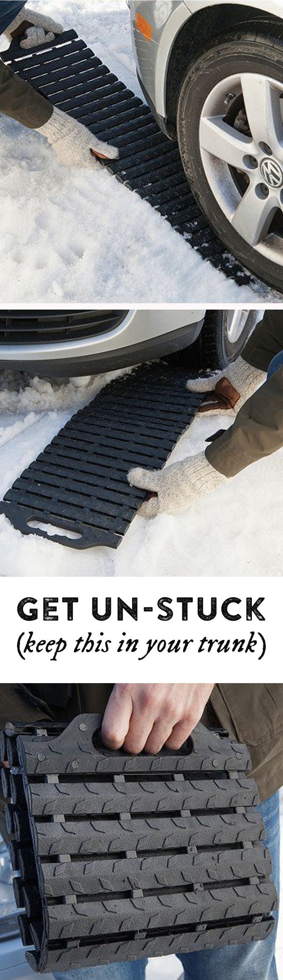 Stuck in ice, mud, or sand? This mat’s flexible, treaded links grip the ground to give wheels traction. Folds up to store in your trunk.