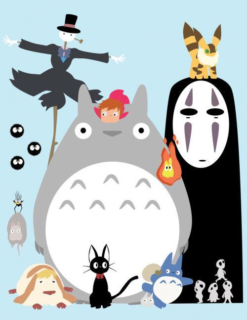 studio gihibli characters from Spirited Away, Totoro, Ponyo, Princess Mononoke, Kiki's Delivery Service, and Howl's Moving Castle.
