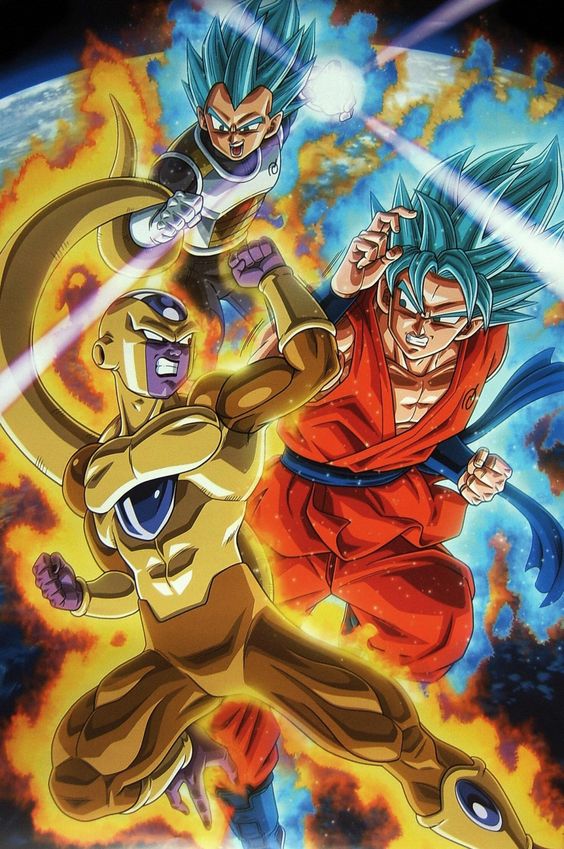 Super Saiyan God Super Saiyan Vegeta & Goku SSGSS vs Golden Frieza ゴールデンフリーザ. From Dragon Ball super posterPublished by Toei Animation / Fuji TV & Studio Bird