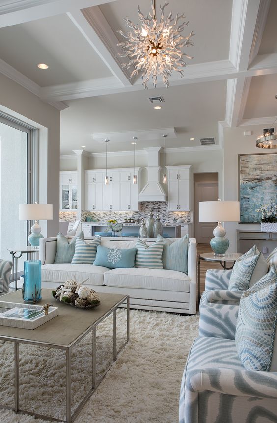 Susan J. Bleda and Amanda Atkins of Robb & Stucky created a coastal style interior in this Marco Island home by using a color palette of blues, aquas and natural browns accented by metallic silvers and grays -