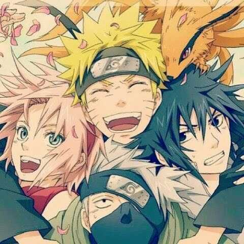Team 7: Sakura Haruno (Pink hair), Naruto Uzumaki (Blonde hair), Sasuke Uchiha (Black hair) and Kakashi-sensei (Silver hair)