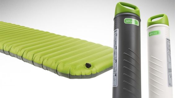 The AeroBed PakMat Sleep System rolls right up and fits in a plastic container… that also happens to be the pump used to inflate it! Great idea.