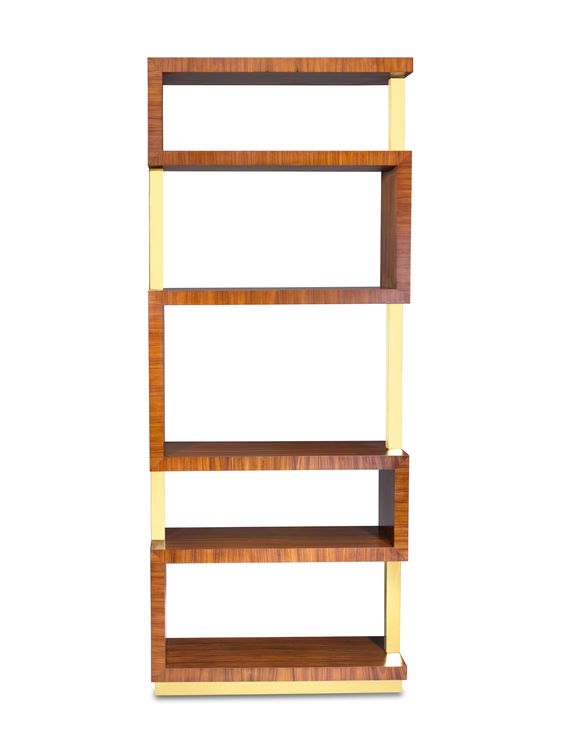 the bold rosewood and brass of this parrish etagere twist and turn for a graphic accent piece. it's a place to display art books, objects, curiosities and treasures acquired near and far.