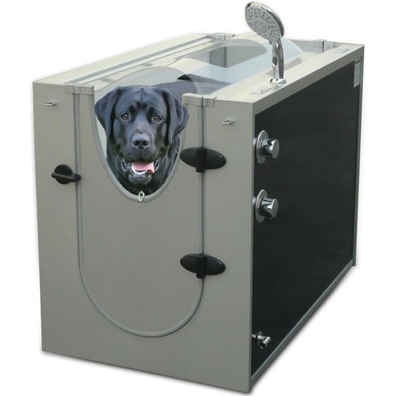 The Canine Shower Stall - has 16 water-jet nozzles and a showerhead that wash and rinse your canine in an enclosed space. The jet nozzles produce vigorous streams of water that penetrate even the thickest coats to clean pet hair and remove dead skin cells. A handheld, adjustable-flow showerhead has a 38 hose that allows you to easily wash and rinse the paws, underbody, and other hard-to-reach