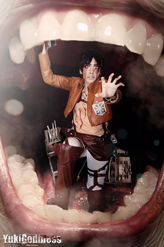 This has to be one of the best cosplay photos I've ever seen. Attack on Titan, Eren Jeager in the mouth of a Titan