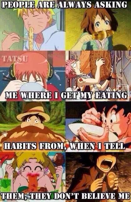This is so true! The characters are Naruto from Naruto, Yui from K-On, Kagura from Gintama, Natsu from Fairytail, Luffy from One Piece, Goku from DragonBall Z, Serena from Sailor Moon, and Sasha from Attack on Titan.