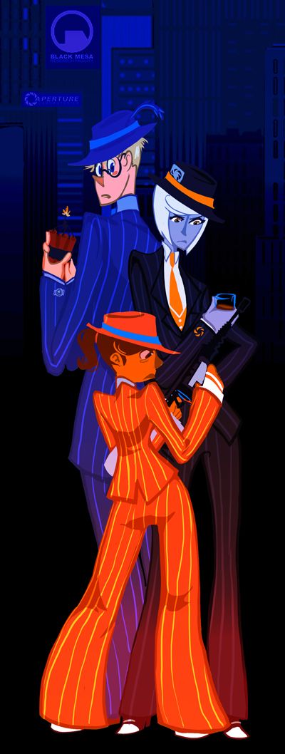 This is what happens when you watch Baccano- Gangster Portal. Wheatly’s good at destroying things in portal 2 so he’s he exsoplive guy. Glados has brains so she the bootlegger. And Chell shoots backup.