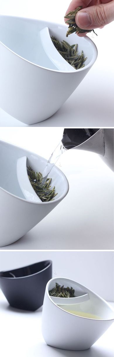 Tipping teacup // infuses and strains - just put tea leaves in the cup and steep, when tea is done, tip to the other side to drink! Clever! #product_design #industrial_design