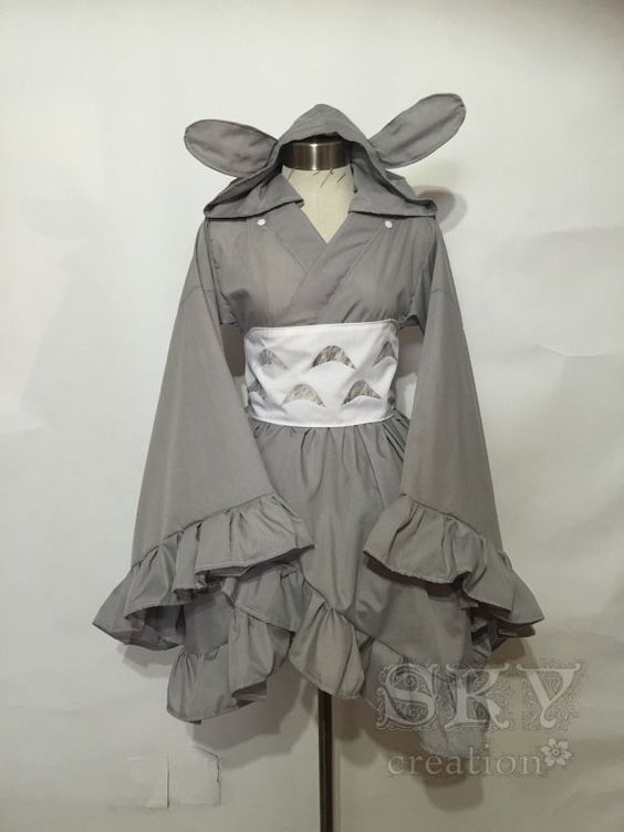 Totoro Kimono Dress Includes: kimono, obi, tail and removable hood. - Wide Collar - Kimono Sleeves with Ruffles - Descending Hem with Ruffles -