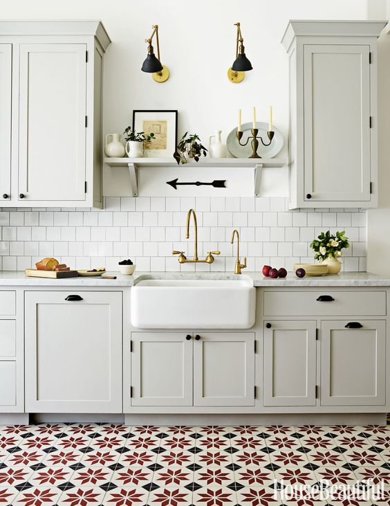 Tour an Old World Kitchen With Surprising Floors, Grant Gibson, tile floors, patterned floors, off white cabinets, light gray cabinets