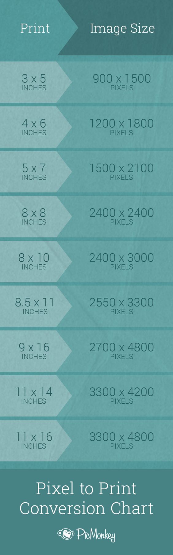 Trying to convert those ethereal pixels into cold, hard, printable inches? Look no further. Here are the conversions we recommend for the following common photo sizes.