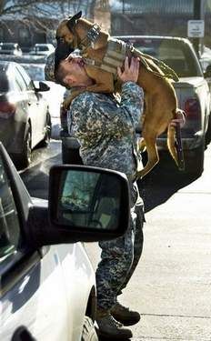 Ttaryn, a 4-year-old Belgian malinois, leaps into the arms of her trainer, Sgt. Rodolfo Martinez.
