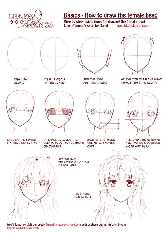 Tutorial: Female head, front facing ----Manga Art Drawing Anime Woman Girl--- [[[by ]]]]