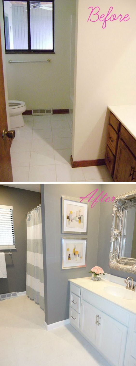 Two mirrors in master replaces the one large mirror. DIY Bathroom Remodel on a Budget.