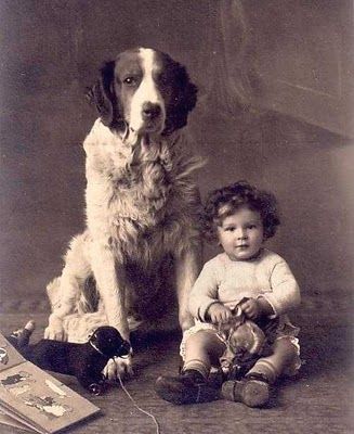 Vintage photo little boy big dog.