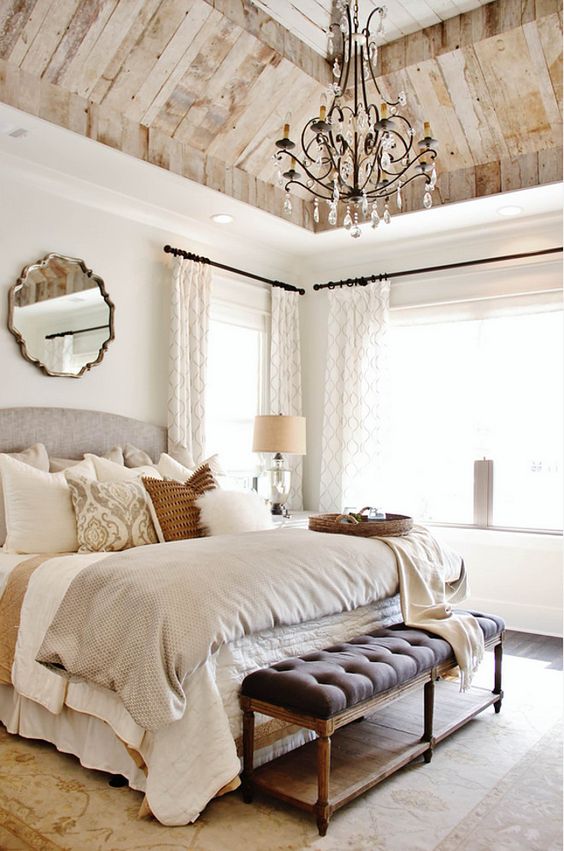 Wall paint color is Greek Villa from Sherwin Williams. Bedroom ceiling is reclaimed barnwood.