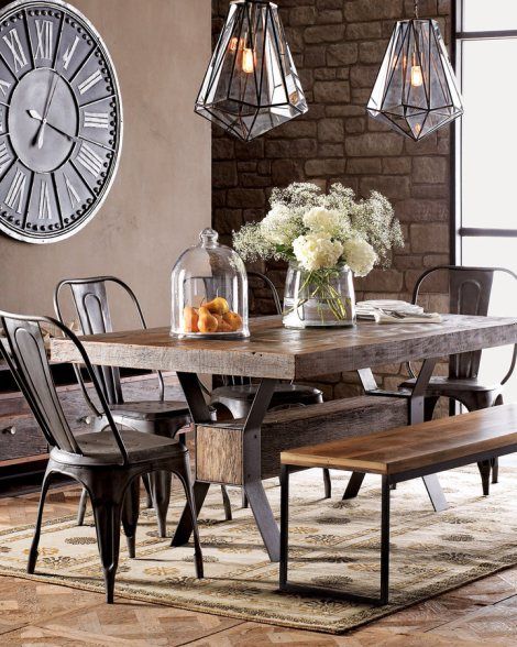 Warm Industrial dining room - table & chairs & lighting the table is a must have!!