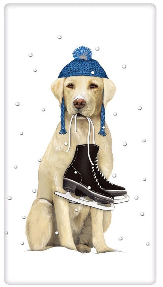 Winter Ice Skating Yellow Labrador Retriever Dog 100% Cotton Flour Sack Dish Towel Tea Towel