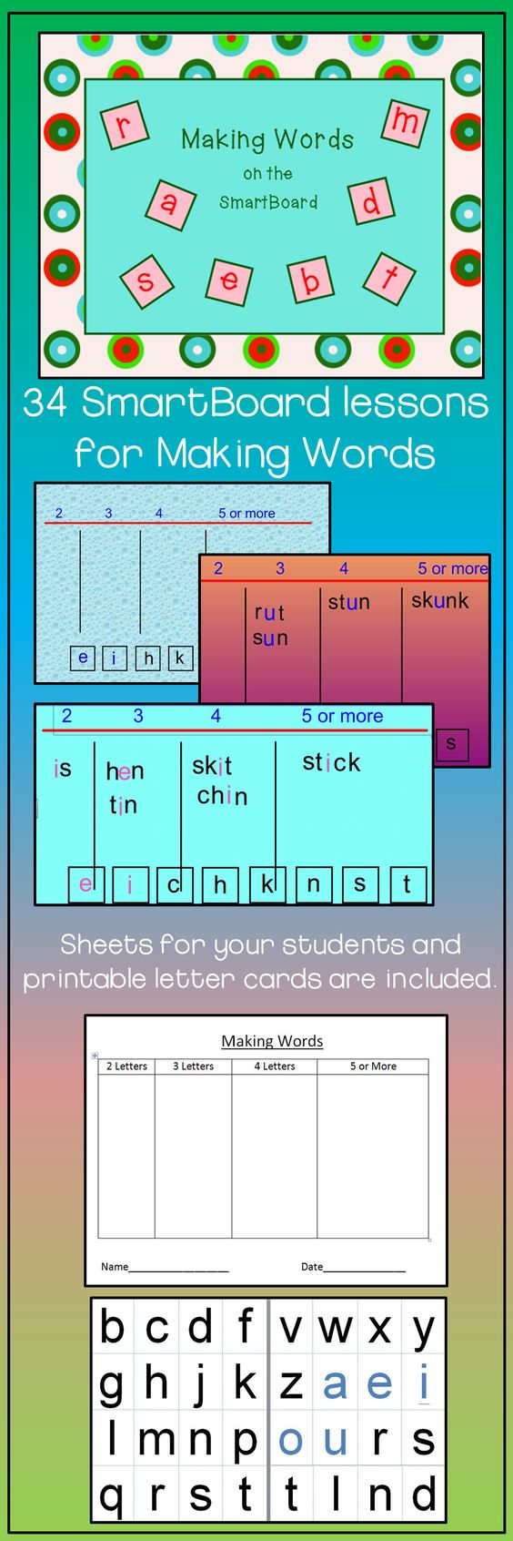 With your SmartBoard, you can make words as a whole class. This also makes a great center. Children love using technology! This product also comes with letter cards and student sheets. There are 34 lessons included. An answer key is provided. $