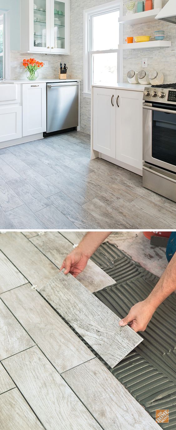 Wood-look tile combines the natural warmth of wood with the durability and easy care of porcelain. That makes it a great choice for kitchen flooring. And we can install it for you! Take a look at our entire Marazzi tile selection for the kitchen, or just about any room in your home. (Tile shown here is Montagna Dapple Gray)