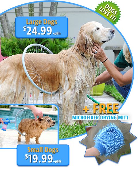 Woof Washer 360. Attach to hose (preferably one capable of warm water), add soap, slip over dog and wash.