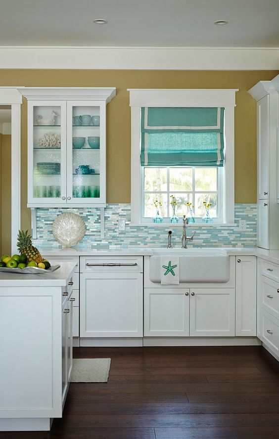 Beautiful Beach House Kitchen with Shimmery Turquoise 1×4 Tile Backsplash !