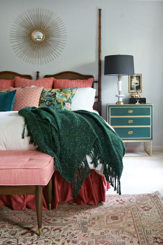 beautiful pink and green eclectic bedroom
